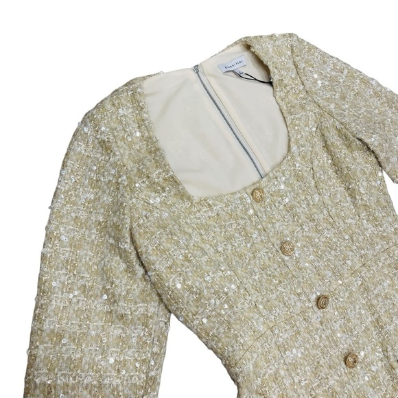 Gianni Bini Lissy Sequin Tweed Long Sleeve Button Front Mini Dress Champagne NEW - Picture 8 of 12